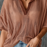 ElevenOra Chic Casual Dusty Clay Lapel-Collar V-Neck Short-Sleeve Loose-Fit  Mesh Knit Sweater Top