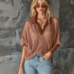 ElevenOra Chic Casual Dusty Clay Lapel-Collar V-Neck Short-Sleeve Loose-Fit  Mesh Knit Sweater Top