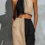 ElevenOra Chic Elegant Black-Camel Colorblock Cotton-Linen Blend Halter Neck Sleeveless Tank Top Elastic Waist Side Slit Maxi Skirt Two-Piece Set