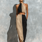 ElevenOra Chic Elegant Black-Camel Colorblock Cotton-Linen Blend Halter Neck Sleeveless Tank Top Elastic Waist Side Slit Maxi Skirt Two-Piece Set