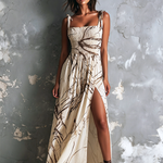 ElevenOra Chic Elegant Off-White Abstract Branch Line Print Spaghetti Straps Square-Neck Sleeveless Smocked Side Slit A-Line  Chiffon Midi Dress