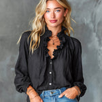 ElevenOra Chic Elegant Black Cotton-Linen Blend Stand Collar V-Neck Single-Breasted Long-Lantern-Sleeve Loose-Fit Shirt