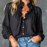 ElevenOra Chic Elegant Black Cotton-Linen Blend Stand Collar V-Neck Single-Breasted Long-Lantern-Sleeve Loose-Fit Shirt