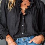 ElevenOra Chic Elegant Black Cotton-Linen Blend Stand Collar V-Neck Single-Breasted Long-Lantern-Sleeve Loose-Fit Shirt