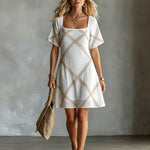 ElevenOra Chic Elegant White-Camel Stripes Square-Neck Short-Sleeve A-Line Loose-Fit Mini Dress