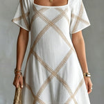 ElevenOra Chic Elegant White-Camel Stripes Square-Neck Short-Sleeve A-Line Loose-Fit Mini Dress