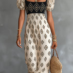 ElevenOra Chic Elegant Beige-Black Geometrical Pattern Print Square-Neck Short-Puff-Sleeve Tailored-Waist Loose-Fit Maxi Dress