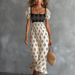ElevenOra Chic Elegant Beige-Black Geometrical Pattern Print Square-Neck Short-Puff-Sleeve Tailored-Waist Loose-Fit Maxi Dress