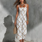 ElevenOra Chic Elegant White-Camel Argyle Pattern Print Spaghetti Straps Square-Neck Sleeveless Elastic-Waist A-Line Maxi Dress