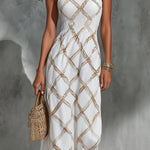 ElevenOra Chic Elegant White-Camel Argyle Pattern Print Spaghetti Straps Square-Neck Sleeveless Elastic-Waist A-Line Maxi Dress