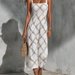 ElevenOra Chic Elegant White-Camel Argyle Pattern Print Spaghetti Straps Square-Neck Sleeveless Elastic-Waist A-Line Maxi Dress