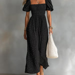 ElevenOra Chic Elegant Black Cotton Blend Square-Neck Short-Puff-Sleeve Shirring Detail A-Line Loose-Fit Maxi Dress