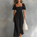 ElevenOra Chic Elegant Black Cotton Blend Square-Neck Short-Puff-Sleeve Shirring Detail A-Line Loose-Fit Maxi Dress