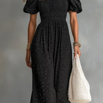 ElevenOra Chic Elegant Black Cotton Blend Square-Neck Short-Puff-Sleeve Shirring Detail A-Line Loose-Fit Maxi Dress