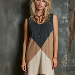 ElevenOra Chic Casual Heather-Camel-Beige Colorblock U-Neck Sleeveless Loose-Fit Slub Cotton Fabric Mini Dress