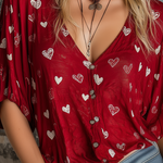 ElevenOra Chic Casual Burgundy Red Heart Print V-Neck Single-Breasted Bubble Elbow Sleeves Loose-Fit Woven Fabric Shirt Top