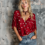 ElevenOra Chic Casual Burgundy Red Heart Print V-Neck Single-Breasted Bubble Elbow Sleeves Loose-Fit Woven Fabric Shirt Top