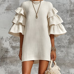 ElevenOra Chic Elegant Cream-White Cotton Blend Round-Neck Flare-Sleeve Ruffled Detail A-Line Loose-Fit Mini Dress