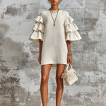 ElevenOra Chic Elegant Cream-White Cotton Blend Round-Neck Flare-Sleeve Ruffled Detail A-Line Loose-Fit Mini Dress