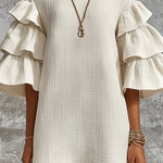 ElevenOra Chic Elegant Cream-White Cotton Blend Round-Neck Flare-Sleeve Ruffled Detail A-Line Loose-Fit Mini Dress