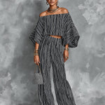 ElevenOra Chic Elegant Black Stripes Cotton-Linen Blend Off-The-Shoulder Flare-Sleeve Top Elastic-Waist Wide-Leg Pants Two-Piece Set