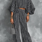 ElevenOra Chic Elegant Black Stripes Cotton-Linen Blend Off-The-Shoulder Flare-Sleeve Top Elastic-Waist Wide-Leg Pants Two-Piece Set