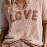ElevenOra Chic Elegant Pink Chenille Letter Embroidery Lapel V-Neck Contrast Trim Short Sleeve Loose-Fit Knit SweaterTop