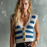 ElevenOra Chic Elegant Black-Royal Blue Stripes V-Neck Sleeveless Single-Breasted Ribbed Knit Vest Top