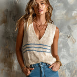 ElevenOra Chic Elegant Beige V-Neck Sleeveless Blue Stripe Detail Loose-Fit Knit Vest Top