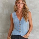 ElevenOra Chic Elegant Blue Melange V-Neck Sleeveless Single-Breasted Slim-Fit Ribbed Knit Vest Top