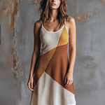 ElevenOra Chic Elegant Oatmeal-Mustard Yellow-Brown Colorblock Spaghetti Straps U-Neck Sleeveless A-Line Mesh Knit Mini Dress