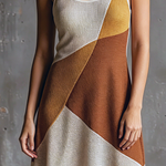 ElevenOra Chic Elegant Oatmeal-Mustard Yellow-Brown Colorblock Spaghetti Straps U-Neck Sleeveless A-Line Mesh Knit Mini Dress