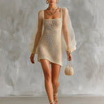 ElevenOra Chic Elegant Light Khaki Square-Neck Organza Long-Lantern-Sleeve Slim-Fit A-Line Knit Mini Dress