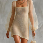 ElevenOra Chic Elegant Light Khaki Square-Neck Organza Long-Lantern-Sleeve Slim-Fit A-Line Knit Mini Dress