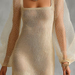 ElevenOra Chic Elegant Light Khaki Square-Neck Organza Long-Lantern-Sleeve Slim-Fit A-Line Knit Mini Dress