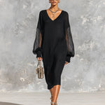 ElevenOra Chic Elegant Black V-Neck Long-Lantern-Sleeve Mesh Detail Loose-Fit Ribbed Knit Midi Dress