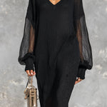 ElevenOra Chic Elegant Black V-Neck Long-Lantern-Sleeve Mesh Detail Loose-Fit Ribbed Knit Midi Dress