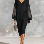 ElevenOra Chic Elegant Black V-Neck Long-Lantern-Sleeve Mesh Detail Loose-Fit Ribbed Knit Midi Dress