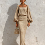 ElevenOra Chic Elegant Light Camel Square-Neck Long-Lantern-Sleeve Sweater Ruffled Hem Bodycon Maxi Skirt Ribbed Knit Two-Piece Set