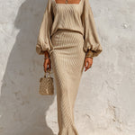 ElevenOra Chic Elegant Light Camel Square-Neck Long-Lantern-Sleeve Sweater Ruffled Hem Bodycon Maxi Skirt Ribbed Knit Two-Piece Set