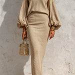 ElevenOra Chic Elegant Light Camel Square-Neck Long-Lantern-Sleeve Sweater Ruffled Hem Bodycon Maxi Skirt Ribbed Knit Two-Piece Set