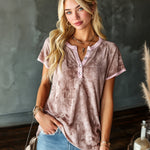 ElevenOra Chic Elegant Pink Tie-Dye Print Henley-Collar Short-Sleeve Contrast Trim Loose-Fit T-Shirt