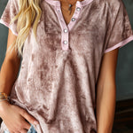ElevenOra Chic Elegant Pink Tie-Dye Print Henley-Collar Short-Sleeve Contrast Trim Loose-Fit T-Shirt