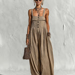 ElevenOra Chic Elegant Light Brown Pleated Cotton Blend Spaghetti Straps Square-Neck Sleeveless Button-Front Loose-Fit Wide-Leg Jumpsuit