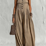 ElevenOra Chic Elegant Light Brown Pleated Cotton Blend Spaghetti Straps Square-Neck Sleeveless Button-Front Loose-Fit Wide-Leg Jumpsuit