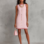 ElevenOra Chic Elegant Pink-Dark Pink Tweed Round-Neck Sleeveless Button-Front A-Line Loose-Fit Mini Dress