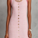 ElevenOra Chic Elegant Pink-Dark Pink Tweed Round-Neck Sleeveless Button-Front A-Line Loose-Fit Mini Dress