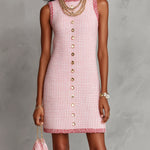 ElevenOra Chic Elegant Pink-Dark Pink Tweed Round-Neck Sleeveless Button-Front A-Line Loose-Fit Mini Dress