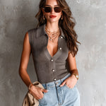 ElevenOra Chic Elegant Gray Lapel Collar Single-Breasted Sleeveless Slim-Fit Ribbed Knit Vest Top