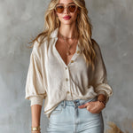 ElevenOra Chic Elegant Cream White Lapel Collar Single-Breasted Long-Lantern-Sleeve Loose-Fit Ribbed Knit Sweater Top